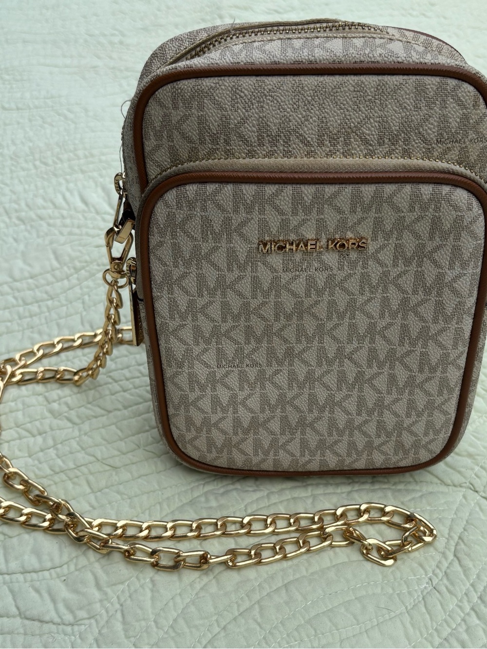 Michael Kors Tan Logo Crossbody with Gold Chain Strap Small